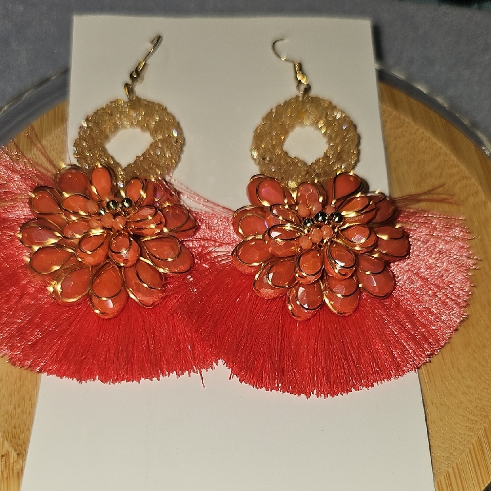 Elegant Red and Gold Floral Earrings